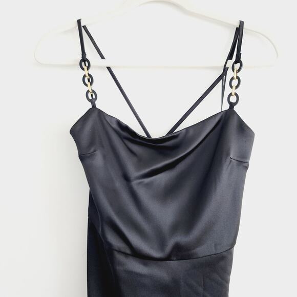 Zara Black Satin Effect Midi / Maxi Dress Gold Chain Spaghetti Straps Medium - Picture 7 of 13